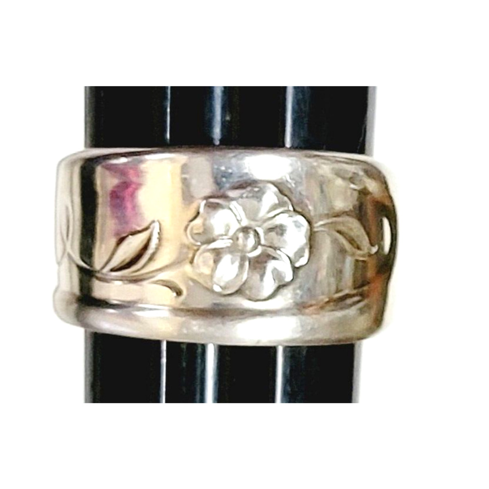 Wide Cigar Band Ring Flowers Size 10 Shiny Silver Tone Metal Boho Spoon Ring r-